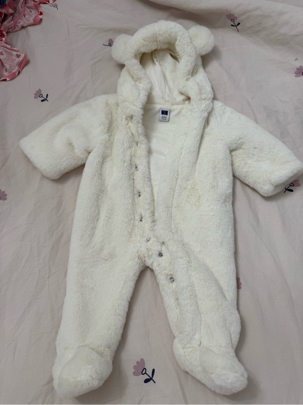 0-3 months Cozy Cream Baby One-Piece Fleece Snowsuit with Hood. Great condition